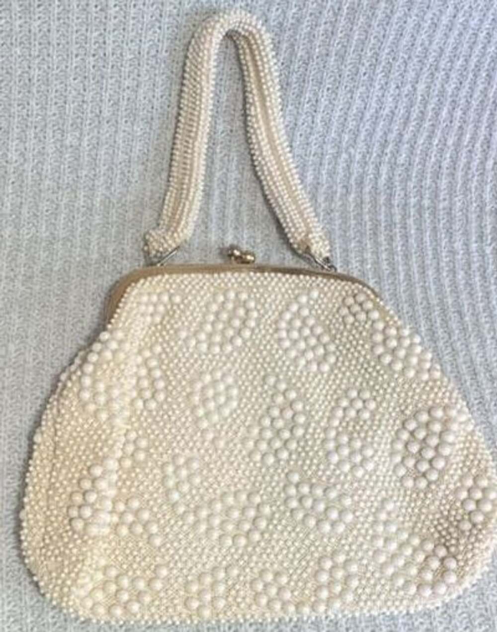 Vintage Hand Made In Hong Kong White Beaded Top Handle Handbag